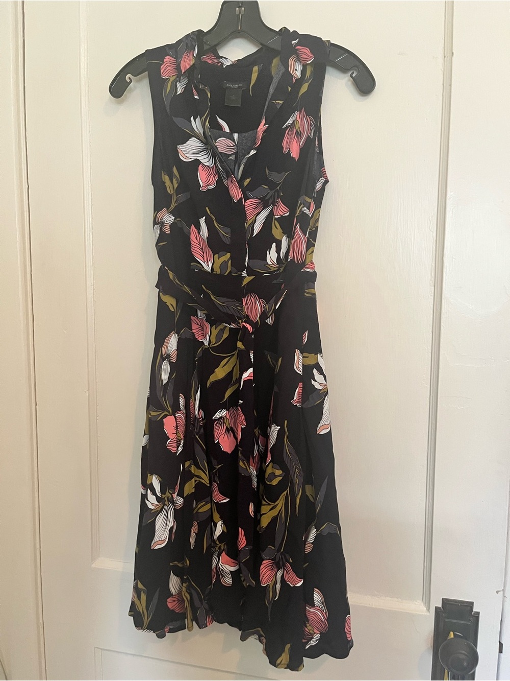 Ann Taylor Black Midi Dress with Pink, White & Olive Floral Print